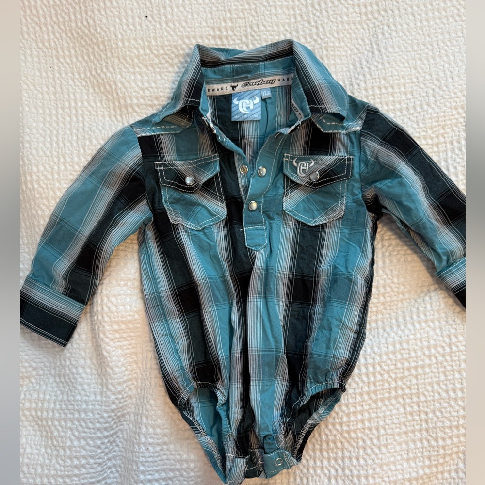 Cowboy Hardware Baby Blue Plaid Long Sleeve Onesie